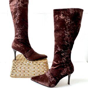 Amanda Smith "Fleur" Brown Embroidered Velvet Boots, Sz 8.5, New Condition